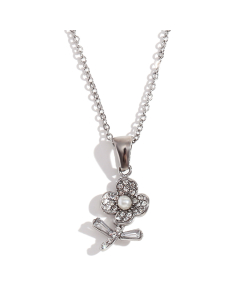 Steel Color Diamond Flower Stainless Steel Pendant Necklace