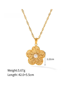 Retro High Quality Flower Pendent Titanium Steel Plated 18K Necklace For Women Jewelry -Necklace-Gold Color