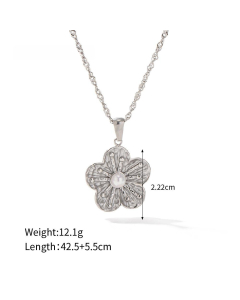 Retro High Quality Flower Pendent Titanium Steel Plated 18K Necklace For Women Jewelry -Necklace-Steel Color