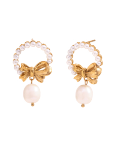 Sweet Plated 18K Gold Fringe Pearl Bow Pendant Stainless Steel Earrings