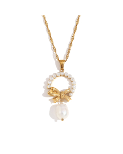 Vintage Plated 18K Gold Fringe Pearl Bow Pendant Stainless Steel Necklace