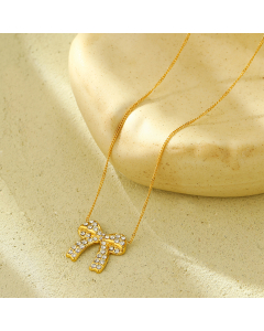 French Style Full Diamond Bow Knot Stainless Steel Necklace 
