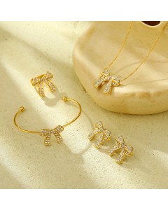 Wholesale Stainless Steel Fine Jewelry Sets French Style Elegant Full Diamond Bow Knot Necklace Bracelet Earrings Rings