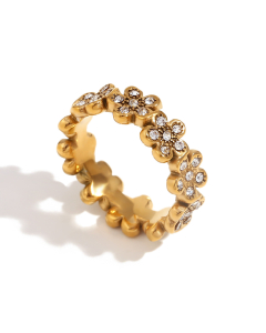 Gold Color Plated 18K Gold Full Diamond Inlaid Flower Stainless Steel Ring 