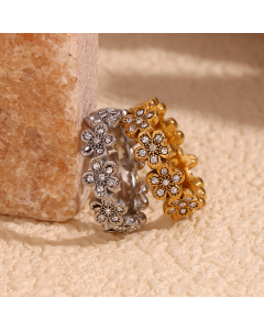 Wholesale Stainless Steel Ring Fashion Vintage Plated 18K Gold Full Diamond Inlaid Flower Ring