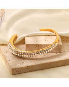 INS Style Fashion Titanium Steel Bracelet 18K Gold Plated Full Diamond Pearl Bangle Women's Jewelry