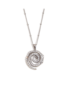 Steel Color Full Diamond Spiral Pendant Stainless Steel Beaded Chain Necklace