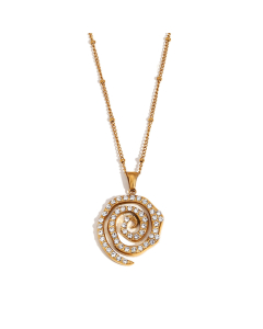 Gold Color Full Diamond Spiral Pendant Stainless Steel Beaded Chain Necklace