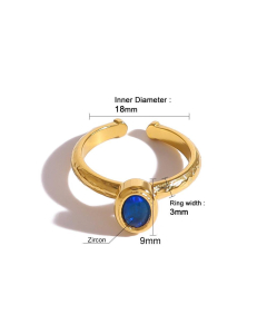 Blue Zircon Inlaid Ring Plated Gold Stainless Steel Ring 