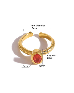 Red Zircon Inlaid Ring Plated Gold Stainless Steel Ring 