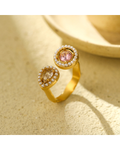 Fine Quality Geometric Zircon Pearl Inlaid Stainless Steel Ring