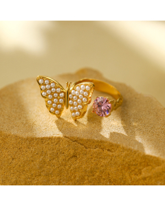 French Style Butterfly Zircon Pearl Inlaid Stainless Steel Ring