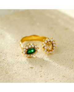 Vintage Geometric Zircon Pearl Inlaid Stainless Steel Ring