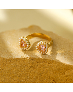 Elegant Heart Zircon Pearl Inlaid Stainless Steel Ring