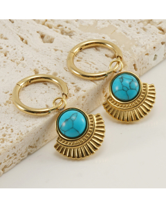 Fashion Vintage 18K Gold Geometry Blue Turquoise Inlaid Stainless Steel Earrings For Women