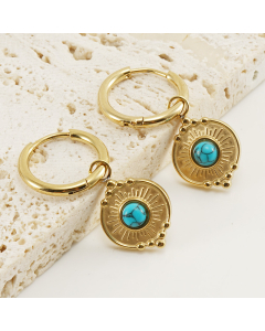 High Quality 18K Gold Geometry Blue Turquoise Inlaid Stainless Steel Earrings For Women
