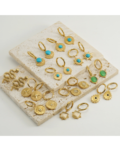 Wholesale Stainless Steel Earrings Fashion Vintage 18K Gold Geometry Blue Turquoise Inlaid Earrings For Women