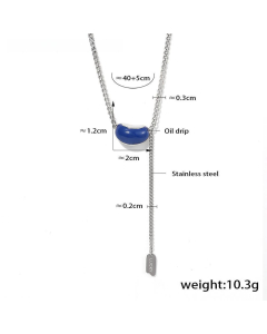 Small Gold Bean Pendant Clavicle Necklace Wholesale Stainless Steel Dripping Oil Necklace-Steel Color-Blue