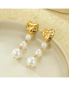 Gold Color Heart Pleated Pearl Pendant Fringe Plated 18K Gold Stainless Steel Earrings