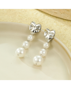 Steel Color Heart Pleated Pearl Pendant Fringe Plated 18K Gold Stainless Steel Earrings