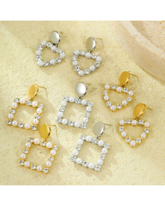 Wholesale Stainless Steel Earrings Heart Square Inlaid Zircon Pearl Earrings 