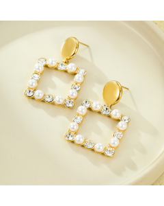 Wholesale Stainless Steel Earrings Heart Square Inlaid Zircon Pearl Earrings -Gold Color-02