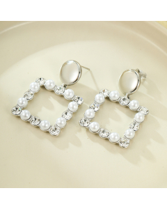 Wholesale Stainless Steel Earrings Heart Square Inlaid Zircon Pearl Earrings -Steel Color-02