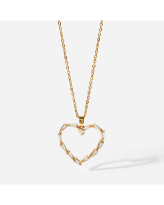 Zircon Inlaid Heartshaped Stainless Steel Necklace - Gold Plated