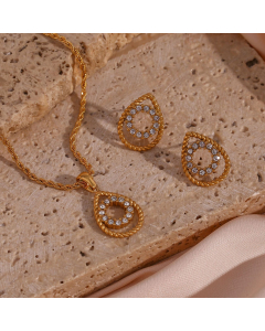 Wholesale Stainless Steel Fine Jewelry Minimalism Hollow Water Drop Pendant Necklace Zircon Inlaid Earrings