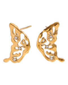 Gold Color Plated 18K Gold Zircon Inlaid Hollow Wings Stainless Steel Earrings 