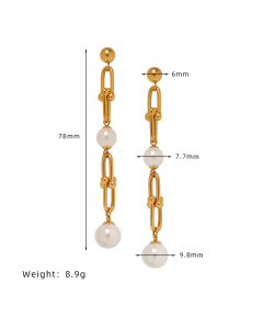 Gold Color Horseshoe Buckle Pearl Long Chain Stainless Steel Earrings 