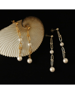 Wholesale Stainless Steel Earrings Horseshoe Buckle Pearl Long Chain Earrings