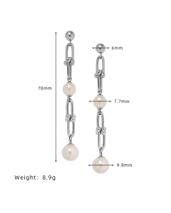 Steel Color Horseshoe Buckle Pearl Long Chain Stainless Steel Earrings 