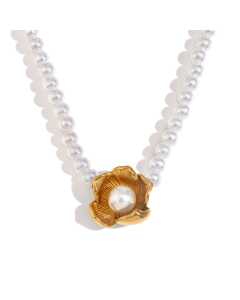 Gold Color Plated 18K Gold Imitation Pearl Flower Pendant Stainless Steel Necklace 