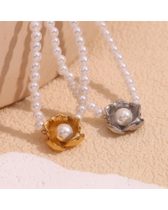 Wholesale Stainless Steel Necklace Imitation Pearl Flower Pendant Necklace 