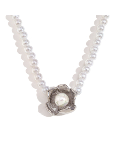 Steel Color Plated 18K Gold Imitation Pearl Flower Pendant Stainless Steel Necklace 