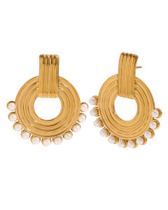 Gold Color Plated 18K Gold Imitation Pearl Round Stainless Steel Earrings 