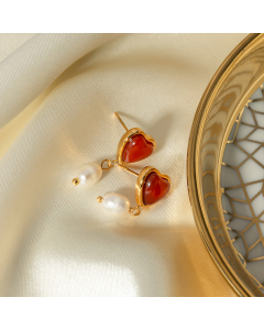 Elegant Inlaid Love Red Agate Earrings Pearl Stainless Steel Earrings