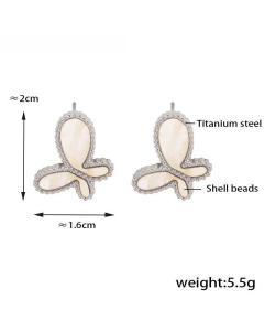 Wholesale Stainless Steel Jewelry White Shell Inlaid Butterfly Necklace Bracelet Earrings Sets-Steel Color-Earrings