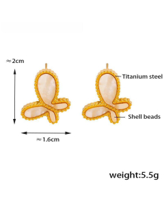 Wholesale Stainless Steel Jewelry White Shell Inlaid Butterfly Necklace Bracelet Earrings Sets-Gold Color-Earrings