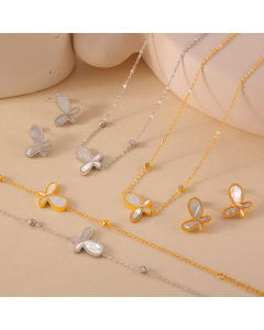 Wholesale Stainless Steel Jewelry White Shell Inlaid Butterfly Necklace Bracelet Earrings Sets