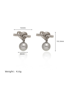 French INS Style Knotted Rope knotted Glass Grey Pearl Imitation Pearl Earrings Stainless Steel Earrings 