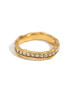 Gold Color Plated 18K Gold Irregular Wavy Pattern Full Diamond Stainless Steel Ring 