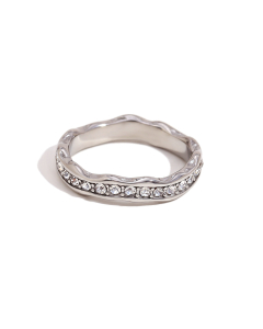 Steel Color Plated 18K Gold Irregular Wavy Pattern Full Diamond Stainless Steel Ring 