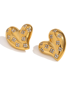 Wholesale Stainless Steel Fine Jewerly White Diamond Love Pendant Necklace Earrings-Gold Color-Earrings