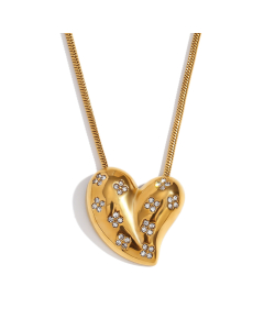 Wholesale Stainless Steel Fine Jewerly White Diamond Love Pendant Necklace Earrings-Gold Color-Necklace