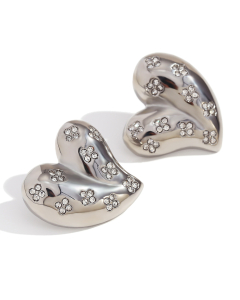 Wholesale Stainless Steel Fine Jewerly White Diamond Love Pendant Necklace Earrings-Steel Color-Earrings