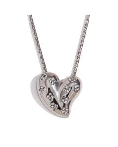Wholesale Stainless Steel Fine Jewerly White Diamond Love Pendant Necklace Earrings-Steel Color-Necklace