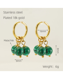 Vintage Plated 18K Gold Malachite Natural Stone Earrings Stainless Steel Earrings 