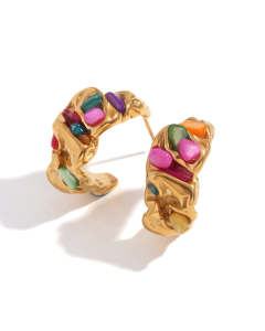 Gold Color Moon Shaped Pleated Clay Stone Colored Stainless Steel Earrings 